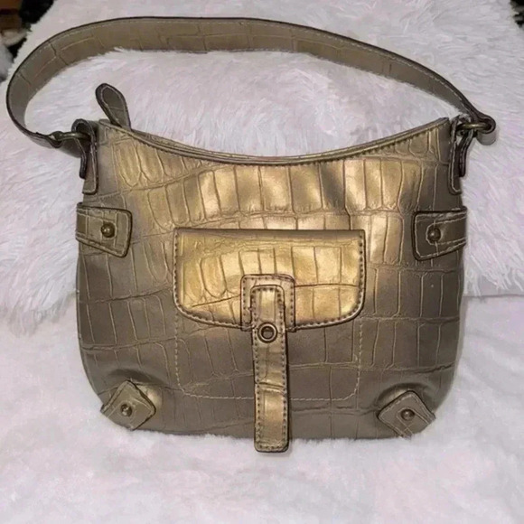 Nine West Handbags - Vintage Y2K Gold Metallic Nine Purse Mobwife Faux croc Handbag Shoulder bag EUC